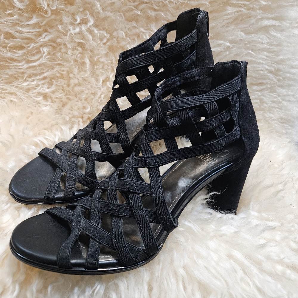 Impo Black Woven Strappy STRETCH and Suede Block Heel Sandal 8M Y2k - Picture 2 of 6